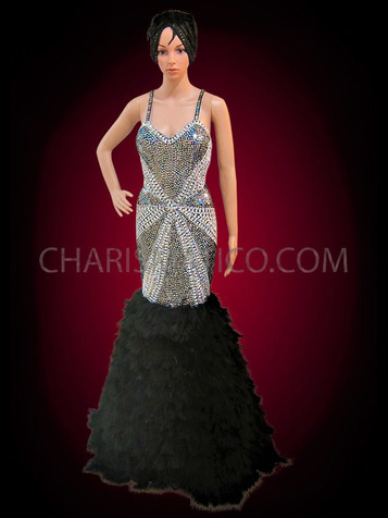 Fancy Patterned Silver Sequin And Black Feather Mermaid Pageant Gown