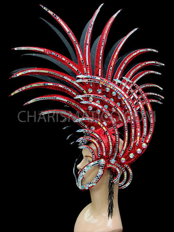 Mirror Accented Red And Black Glitter Mohawk Mask Spiked Headdress