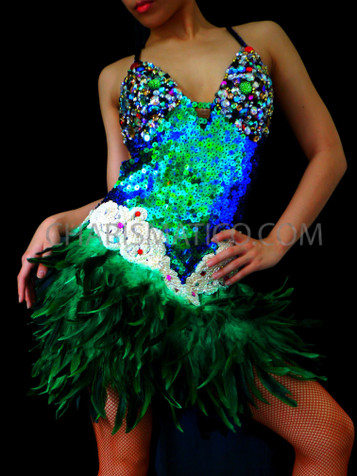 Bejeweled Halter Style Green Feather Dress With Iridescent Green Sequins