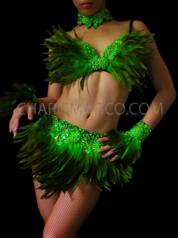 Five-Piece Burlesque Green Feather Dress With Bright Beaded Lace Trim