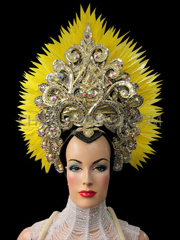Yellow Feather Accented Gold And Crystal Queen Headdress