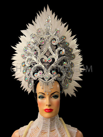 White Feather Accented Silver And Crystal Queen Headdress