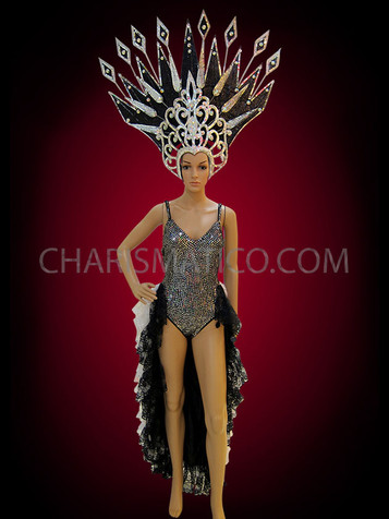 Black And White Burlesque Vegas Showgirl's Leotard, Tail-Skirt, And Headdress