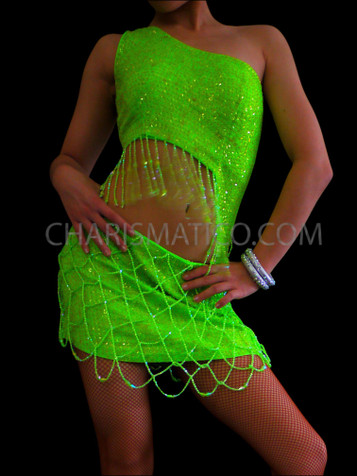 Asymmetrical Cutout Neon Green Sequin Mini Dress With Beaded Netting