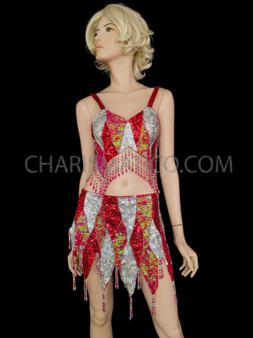 Patchwork Red, Pink, And White Sequined Mini-Dress With Fringed Hem