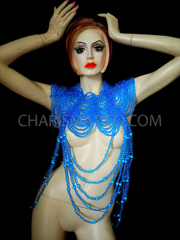 Exotic High Necked And Draped Clear Blue Beaded Diva Necklace