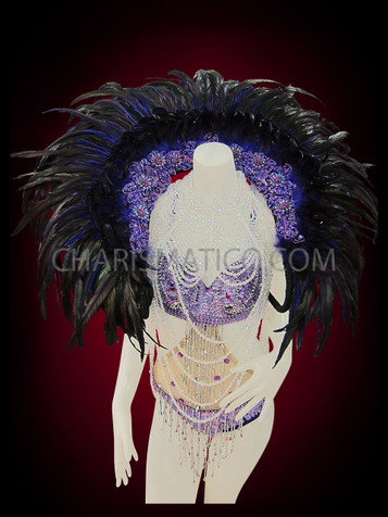 Classic Showgirls Floral Beaded Trim Deep Purple Feathered Backpack Collar