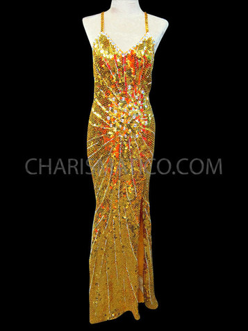 Floor-Length Gold Sequin Diva's Pageant Gown With Star Burst Detailing