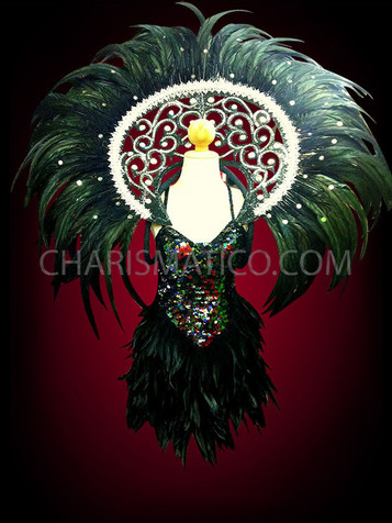 Iridescent Black Sequined And Feathered Mini-Dress And Matching Collar Backpack