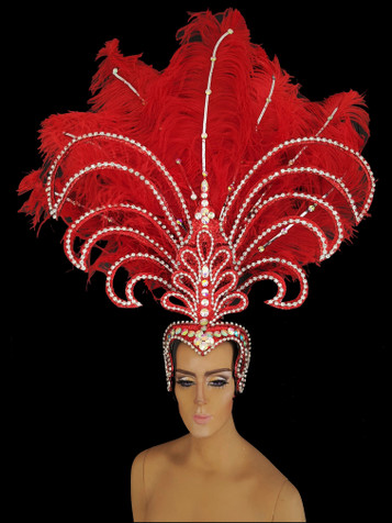 Rhinestone And Iridescent Crystal Accented Red Diva Showgirl's Ostrich Headdress