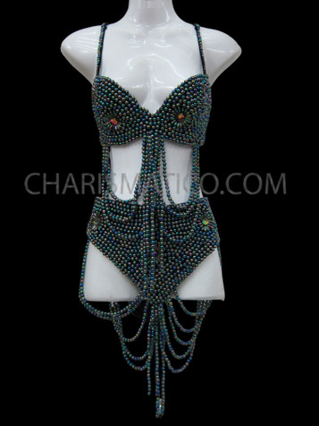 Oil Slick Iridescent Green Beaded Bellydance Bra And Matching Belt