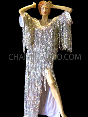 Silver Shiny Fringe Long Sleeve Gown