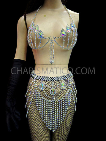 Exotic Metallic Gold Sequin Belly-Dancer Bra And Matching G-String
