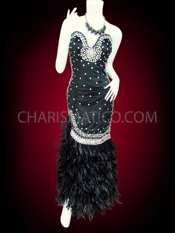 Black Velvet Pageant, Prom, Diva's Gown With Crystals And Feathers