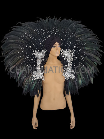 Crystal Clear Accented  Black Feather Collar Style Backpack