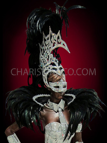 Lush Raven Black Feathered Headdress And Collar With Mirror Accents
