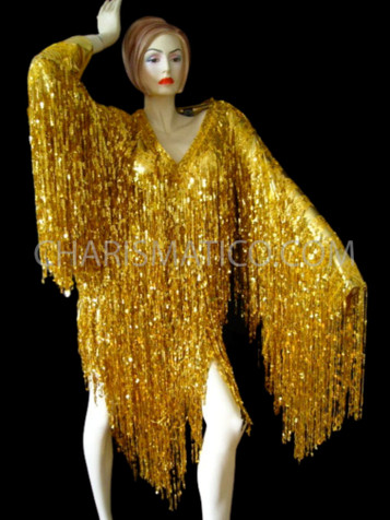Gold Shiny Fringe Long Sleeve Dress