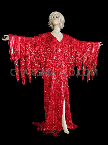 Red Shiny Fringe Long Sleeve Gown