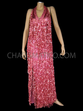 Pink Shiny Fringe Halter Drag Queen Gown