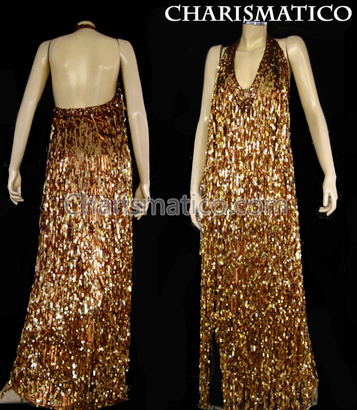 Brown  Shiny Fringe Halter Drag Queen Gown