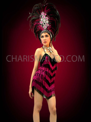 1920's Flapper Fuchsia And Black Fringe Mini-Dress And Matching Headdress