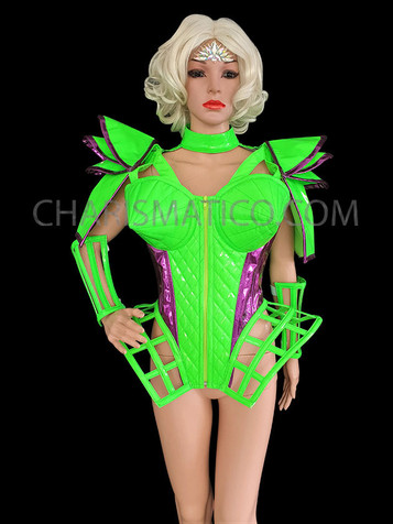 Lady Gaga Neon Green Vinyl Futuristic Corset With Arm Cuffs