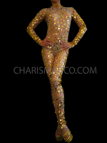 Sheer Nude Diva's Sexy Catsuit With Shiny Golden Sequined Accents