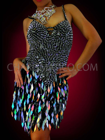 Long Black Sequin Dress With Silver Crystals And Diamond Mirror Cut Outs