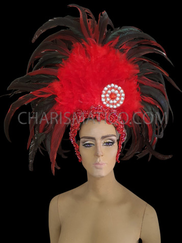 Showgirl's Classy Red And Black Crystal Bead Accented Feathered Headdress
