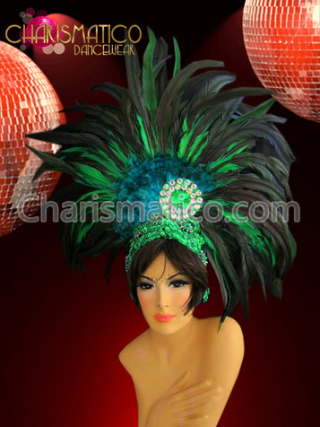Showgirl's Classy green and black crystal bead accented feathered Headdress