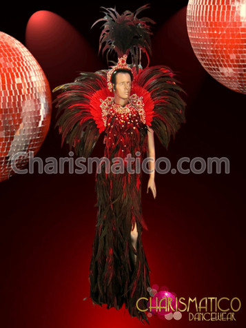 Crystal accented Dark red feathered gown, collar, and headdress set