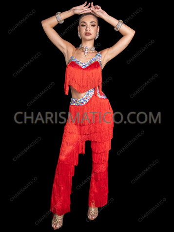 DWTS-Inspired Red Fringe Dance Pants With Silver Sequin Trim