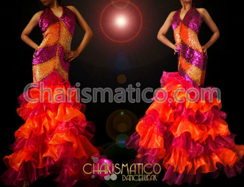 Iridescent triple-tone fire sequin drag queen gown with flame ruffles Iridescent triple-tone fire sequin drag queen gown with flame ruffles