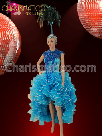 Light blue corset, organza ruffled skirt, showgirl's necklace, and headdress