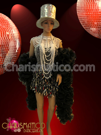 Sequined dance dress, showgirl's necklace, ruffled boa, and tophat set