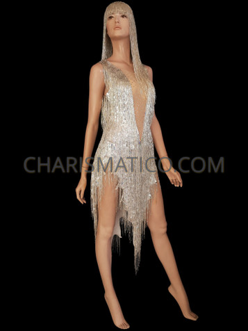 Silver  'Take Me Home' Cher Inspired Blue Beaded Dress &  Wig