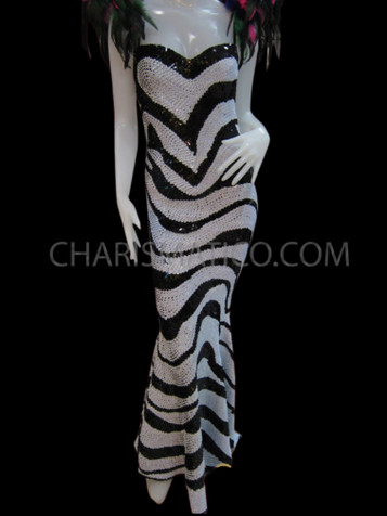 Black And White Zebra Patterned Sequined Drag Queen Pageant Gown