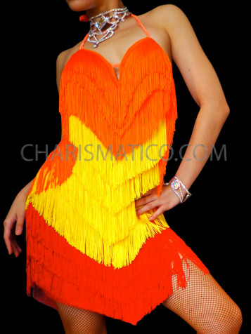 Sunset Red To Yellow Fringe Diva's Salsa Latin Dance Dress