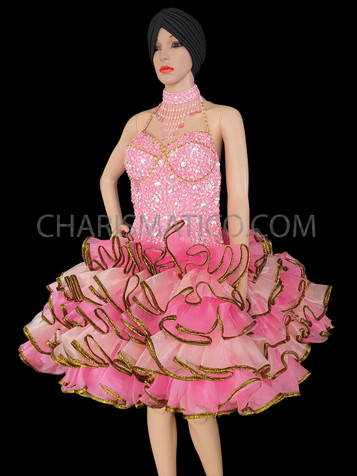 Sweet pink and yellow beaded dress with tiered ruffle skirt