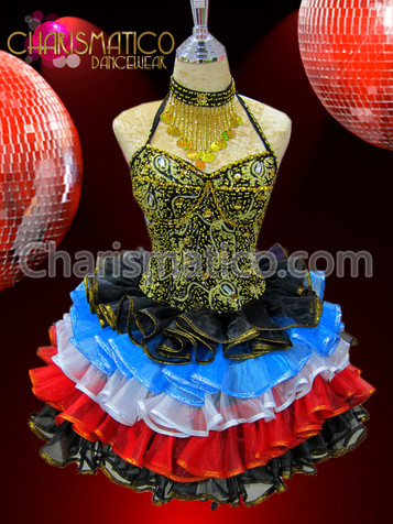 Black, Blue, White, and Red ruffled Gold accented Sissy Dress