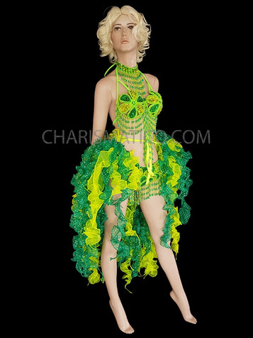 Green Beaded Bra And Organza Ruffle Tail-Skirt  with Delicate Sequins