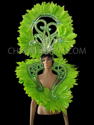 Art Deco Headdress And Collar Backpack With Neon Green Feather