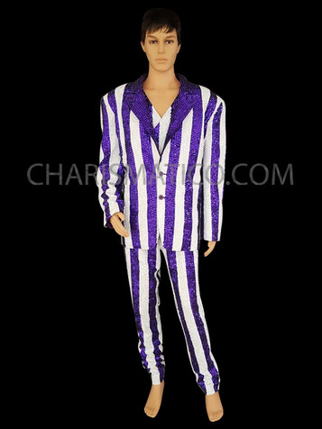 Purple White Stripe Sequin Men Vest + Suit + Pants set