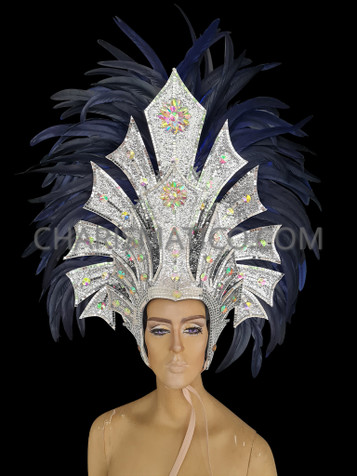 Diva's Silver Glitter Crystal And Mirror Accented Black Feather Headdress
