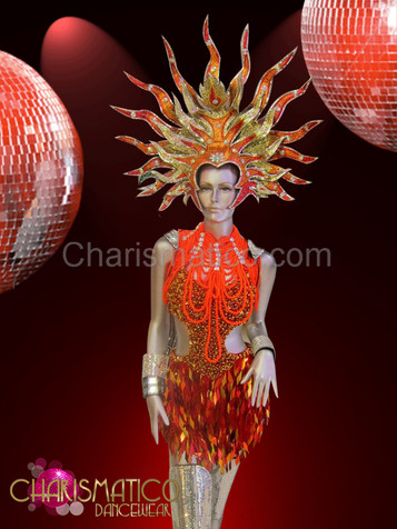 Coppery Orange sequin dance dress, Diva's necklace and glittery headdress