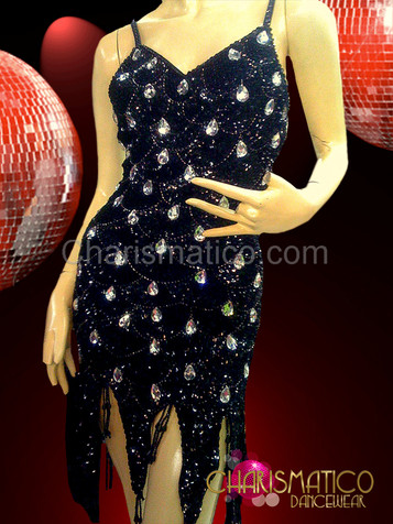 Showgirl's Black scale patterned sequin dance dress with chrystal teardrop accents