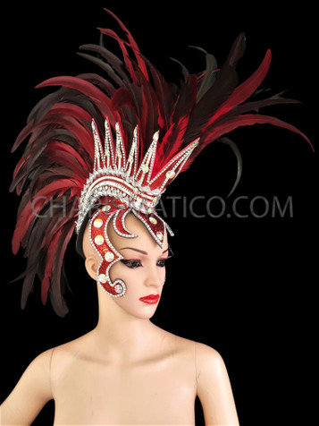 Red Glitter And Silver Mirror Tiled Warrior's Feather Headdress With Crystals