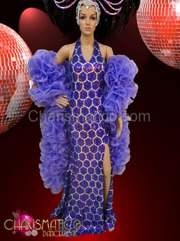 Light purple sequin pageant gown and matching organza ruffle boa