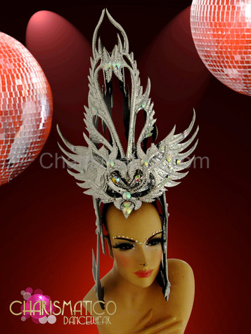 Metallic silver glitter “swan” styled headdress with iridescent crystal accents