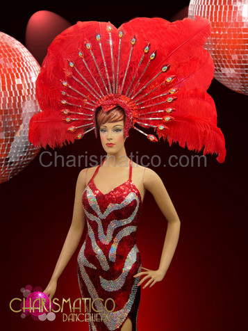 Showgirl Red ostrich plume headdress with silver mirror and iridescent crystal